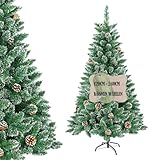 Suusolny 120CM Grün Künstliche Weihnachtsbäume mit Schnee-Effekt Kiefernzapfen Christbaum,PVC Weihnachtsbaum mit Metallständer– Segmentmontage -Tannenförmiger Weihnachtsbaum Weihnachts Deko