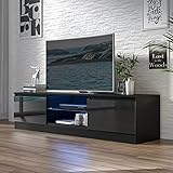 Cozy Castle TV Schrank Hochglanz, TV Lowboard für Fernseher bis zu 70 Zoll, Fernsehtisch mit LED-Leuchten, 160x40x35cm, Schwarz
