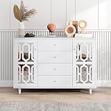 Pangshiyuan Weiß verspiegelte Anrichte mit kühlen Kristallgriffen, für Wohn- und Esszimmer, 147,5 x 40 x 102cm,p