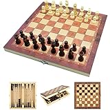 Schachbrett, 3 in 1 Schachspiel Holz,Einklappbar Reiseschach Spiel für Kinder,Tragbares und Faltbares Chess Board Set für Familie Party Reisen (29x29cm)