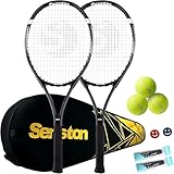 Senston Tennisschläger für Erwachsene 68,6 cm Tennisschläger – 2 Spieler Tennisschläger Set mit 3 Bällen, 2 Griffen, 2 Vibrationsdämpfern, Black+ Black