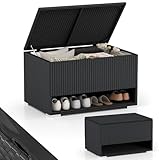 COSTWAY Gartenbox mit Schuhregal, Polyrattan Auflagenbox Wetterfest mit Schutzliner & Deckel, 186L Kissenbox, Aufbewahrungsbox für Garten, Terrasse, Balkon, 95 x 60 x 58 cm (Schwarz)