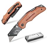 WORKPRO Teppichmesser Faltbares Universalmesser mit Holzgriff, Schnellwechsel-Cuttermesser mit rostfreiem Stahlkopf & Back Lock, inkl. 10 Ersatzklingen