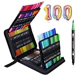 ELOKI Brush Pen Set, 100 Farben Filzstifte Pinselstifte Marker Fineliner Set für Kinder Erwachsene Bullet Journal Kalligraphie Handlettering Manga Skizzieren Malbücher Aquarellfarben