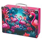 Baagl Kinderkoffer für Spielzeug und Schulbedarf, Pappkoffer, Spielzeugkoffer, Spielkoffer, Faltbarer Kinder Koffer, Faltkoffer, Klappkoffer mit Metalgriff (Flamingos)