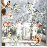 BETESSIN Fensterbilder Winter Vögel - 6 Bögen Weihnachten Fensterbilder Selbstklebend - Statisch Haftende Fensteraufkleber - Wiederverwendbare Fensterdeko für Winter und Weihnachten