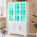 LUXOAK Vitrinenschrank mit LED Beleuchtung & Retro-Griffen, Hochschrank weiß 180 cm hoch, 6 Türen mit Acrylfenstern & 8 Einlegeböden, moderner Schrank für Wohnzimmer & Küche