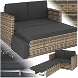 tectake Sofa Set - 2 Sitzer Sessel mit Hocker und Schlaffunktion, kleine Rattan Couch als Outdoor Gartenmöbel, wetterfest für Lounge, Balkon und Garten, klappbar mit Polstern