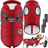 LOVPET® Hundejacke Hundemantel mit Geschirr, inkl. 45 Stück Kotbeutel + Spender, Hunde Winterweste gefüttert wasserdicht, Gepolsterte Weste Mit Brustgurt, Reflektoren, D-Ring 2XL, Bordeaux Rot