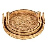 Sziqiqi Rattan Serviertablett mit Griffen 3er-Set Handgewebtes Wicker-Tablett Rattan-Tablett Rustikales dekoratives Tablett für Frühstück, Getränke, Snacks, Brot für die Couchtisch-Bar Dinnerpartys