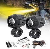 CO LIGHT 2 Stück Motorrad LED Nebelscheinwerfer 60W Bernstein Weiß Zweifarbige Zusatzscheinwerfer mit Gelb-Weiß Blinkmodus Offroad Arbeitsscheinwerfer Mit Kabelbaum, kompatibel mit Motorrad