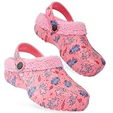Disney Stitch Hausschuhe Kinder Mädchen – Fleece-gefütterte Kinder Clogs mit Rutschfester Sohle (Rosa Stitch/Angel, 34-35EU)