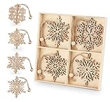 Sweelov 12 Stück Holz-Anhänger Schneeflocken Baumschmuck Weihnachten, Weihnachtsbaumschmuck mit Juteseil Weihnachts- Hängeornamente Weihnachtsanhänger Holz Christbaumschmuck 7,5CM für DIY Basteln