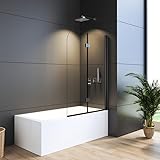 Duschkabine für Badewanne 120x140cm Duschwand 2-Teilig Faltbar, Duschabtrennung Badewannenaufsatz 180° Faltwand, Duschtrennwand aus 6mm NANO Easy-clean-beschichtung Glas, Schwarz Alu