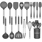 Umite Chef Küchenutensilien-Set, 15-teilig, Silikon, hitzebeständig, antihaftbeschichtet, BPA-frei, Edelstahl-Griff, Pfannenwender, Löffel, Zange, Schneebesen, Kochgeschirr