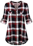 Odosalii Damen V-Ausschnitt Kariert Bluse 3/4 Ärmel Langarm Reißverschluss Tunika Longshirt Hemd Tops T-Shirt, XXL, A_rot Kariert
