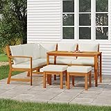 Massbinet Garten Essgruppe Gartensofa Set Gartenmöbel Lounge-Set Sitzgruppe mit Tisch Outdoor Essgruppe Massivholz Akazie Cremeweiß (2X Bench + Corner + 2X footrest + Table)