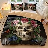 Bettwäsche-Set mit goldenem Totenkopf und roter Rose, 3-teiliges Bettwäsche-Set im Gothic-Stil, mit Reißverschluss, für Schlafzimmerdekoration (03, Doppelbett 200 x 200 cm + 50 x 75 cm x 2)