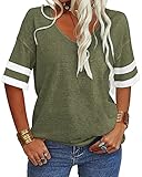 Fisoew T-Shirts für Damen Kurzarm V-Ausschnitt Gestreifte Oversized Shirts Casual Lose Basic Sommer Tops
