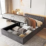 Bett mit Bettkasten Samt-Stoff Polsterbett Lattenrost Doppelbett Stauraum Holzfuß, 140 x 200cm (Grau)