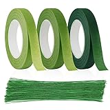 UNINGYI 3 Rollen Floristenband, 100 Pcs Blumendraht Floristik Kreppband Floristikdraht Grün Steckdraht, Blumenstieldraht für Wrapping Blumensträuße und floralen Handwerken (27m/Rolle)