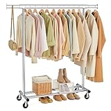SONGMICS Kleiderständer auf Rollen, Schwerlast-Garderobenständer, ausziehbare Kleiderstange, bis 100 kg belastbar, einfache Montage, transportabel, silbern HSR13S