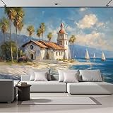 Fototapeten 200×140 Cm Ölmalerei-Stil - Strand- Kirchen Palmenelemente Wanddekoration Wohnzimmer Schlafzimmer - Hellblau