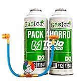 Sparpack GASICA D2 (2 Flaschen à 255 g) Bio-Kühlgas Ersatz für R12, R134A plus Schlauch mit Manometer mit Schlüssel für die Reparatur der Klimaanlage