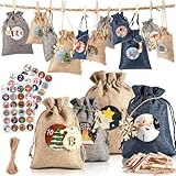 Alintor Adventskalender zum Befüllen, 24 Jutesäckchen Adventskalender zum Befüllen Stoff + Adventskalender Zahlen Holzetikett, Weihnachtskalender zum Befüllen Groß, Adventskalender 2024 Kinder
