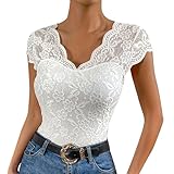 Odizli Spitzen Oberteile Damen Sommer Elegant Sexy Cap Sleeve V-Ausschnitt Blume Spitze Enge Top T-Shirt Bluse Spitzentop Spitzenbluse Festliche Hochzeit Party Trachtenbluse Weiß XL