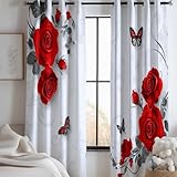 Blackout Vorhänge Blickdicht mit Ösen, 2-Set 140 x 260 cm Weiche Verdunklungsvorhänge für Wohnzimmer Kinderzimmer mit Rote Rose Blumen Schmetterling Schiebevorhänge