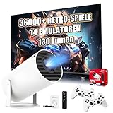 M300 MAX Tragbarer Projektor mit WiFi & Bluetooth, Drahtloser Projektor mit eingebauten 36000+ Spielen & 14 Emulatoren, 130 Lumen, 1024 * 600P, Android 11 Spielkonsole für Heimkino, Outdoor (Rot Box)