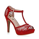 stiefelparadies Damen Pumps Plateausandaletten Spitze T-Strap Sandaletten Party Schuhe 111305 Rot 37 Flandell