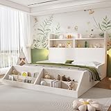 Mrwoo Holzbett Doppelbett 140x200 cm, Kinderbett Stauraumbett mit Offenes Regal und Bücherregal, Kopfteil mit Stauraum, für Gästezimmer/Jugendzimmer/Wohnungen, Weiß (Ohne Matratze)