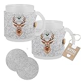 CULT at home Geschenkset - 2 große Weihnachtstassen Tassen Jumbo Kaffeebecher Teetasse 330 ml aus satiniertem Glas mit Filzbanderole und 2 runde Filzuntesetzer