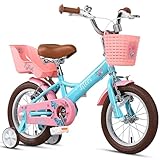 Glerc Sasha 12 Zoll Kinderfahrrad für 2- bis 4-jährige Mädchen im Retro-Vintage-Stil mit Puppenfahrradsitz und Stützrädern Blau