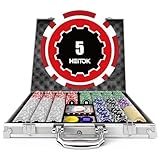 HEITOK Poker-Set, 500 Stück 11,5-Gramm-Chips mit Wertangaben, Casino nummerierte Chips im Aluminiumkoffer mit 2 Kartenspielen, Dealer-Buttons und 2 Schnittkarten