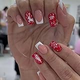 E EMZHOLE 24 kurze Weihnachts-Nägel mit Schneeflocke und Elch, kurze quadratische Nägel mit Kleber für Nägel, falsche Nägel für Weihnachten und festliche Dekoration (04)