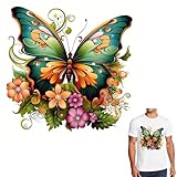 2 Stück Frühlingsgrüne Blumen- und Blatt-Schmetterling-Aufbügelbilder für T-Shirts, Reiben auf Transfers, Aufkleber, Vinyl, bereit zum Drücken, Aufkleber zum Aufbügeln für T-Shirts, Kleidung,
