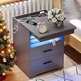 FREDEES LED Nachtisch mit Verstecktem Schublade, Nachttisch mit Ladestation und 3 Farben Menschensensorlichter, Moderner Nachttisch mit Stauraum, Grau