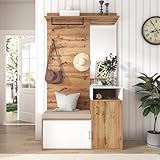 Ymkua Garderobenset Wandgarderobe, Flurgarderobe Set mit Schuhbank, Spiegel und Kissen, Garderoben Set mit 4 Kleiderhaken und Türen, Wandgarderobe, Kompaktgarderobe, 105L x 40B x 190.5Hcm