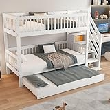 Wiuzo Etagenbett mit Ausziehbett, Kinderbett mit Leiterschrank und Handlauf, mit Schutzgitter rundum, Kiefer + MDF, weiß, 90x200/190cm