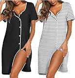 Ekouaer 2er Nachthemd Knöpfe Baumwolle Damen Basic Nachthemd Kurz Nachtkleid Kurzarm Sleepshirt Schlafshirt Stillnachthemd L