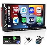 CAMECHO Doppel Din Autoradio mit Kabellosem Carplay Android Auto, Autoradio 2Din mit 7 Zoll Auto Bildschirm, Auto Radio Touch Display mit Bluetooth FM Radio EQ USB SWC + Rückfahrkamera + Mikrofon