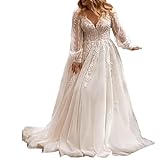 JAEDEN Brautkleid Große Größen mit Ärmel Damen Spitze Hochzeitskleider V-Ausschnitt Boho Brautkleider Standesamt Elfenbein 48