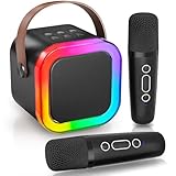 Karaoke Maschine Kinder, tragbarer Bluetooth-Lautsprecher mit LED und 2 drahtlosen Mikrofonen, kompatibel mit Android/iOS/iPad, Geburtstagsparty-Spielzeug für Jungen Mädchen
