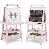 COSTWAY 3 in 1 Kinder Staffelei, Kindertafel doppelseitig, Whiteboard & Kreidetafel & Zeichenpapier, Standtafel inkl. Magneten, 2 Regalebenen Holztafel mit 2 Aufbewahrungsboxen (Rosa)