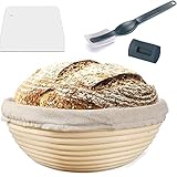 Voarge gärkörbchen Rund, ø 25 cm, Höhe 8.5 cm Gärkorb Set für Brot Backen Fasst 1kg Teig,Ein natürlicher, handgefertigter Rattan-Gärkorb,mit Leineneinsatz+Teigschaber+ Bread Brotmesser,Rund