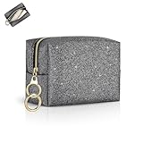 10 * 8 * 6cm Mini Tasche Klein Kosmetiktasche für Handtasche Damen Schminktasche PU Leder Glitzern Tragbare Mini-Kulturbeutel Wasserdicht für Reise Makeup Zubehör-Organizer Makeup Geldbeutel(Schwarz)