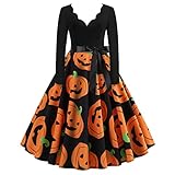 Halloween Kleid Damen Halloween Kostüm Frauen Vintage Swing Partykleid mit Langen Ärmeln Fancy Hexenkostüm Costumes Gothic Kleid Orange M